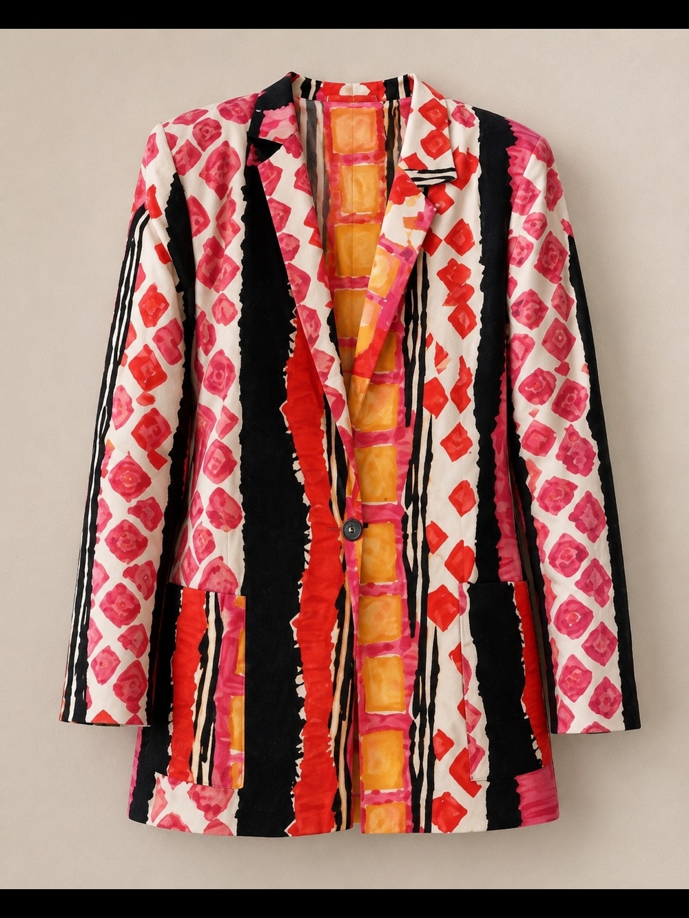 Vintage David Paul Bold Multicolor Printed Blazer Jacket - Pink, Red & Yellow